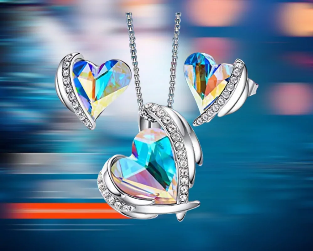 Krištáľový set Silver Angel aurora borealis v darčekovej krabičke s ružou